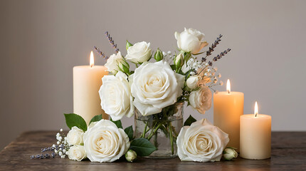 Obraz premium Elegant floral arrangement with white roses and candles creating a serene ambiance for interior decoration