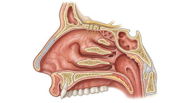 Detailed sagittal view of human nasal cavity and sinus anatomy with labeled structures for medical study and educational purposes