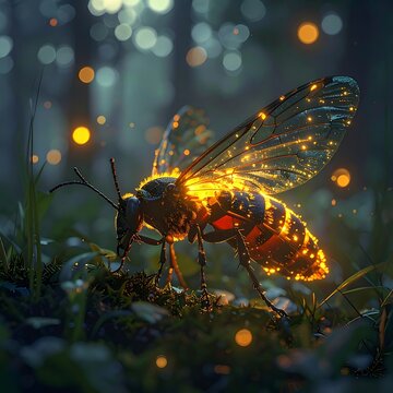 A glowing insect on grass