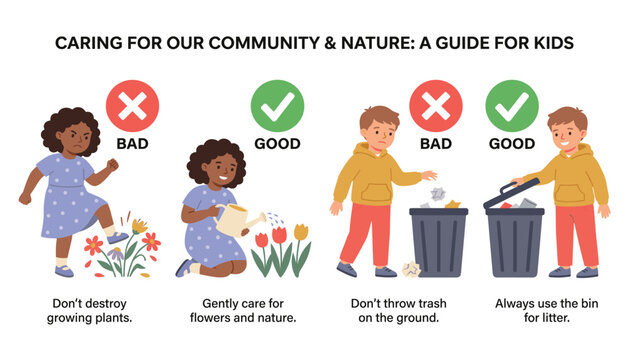 Kids environment care guide infographic. Children behavior rules, watering flowers, throwing trash in bin, good bad habits comparison.