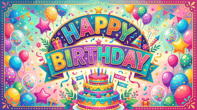 Colorful Birthday Celebration with Balloons and Cake
