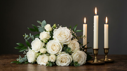 Obraz premium Elegant arrangement of white roses and greenery with softly glowing candles creating a serene and sophisticated floral display