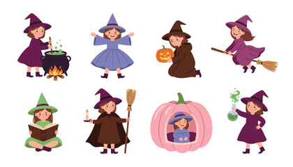 Cute little witch characters. Halloween girl wizard holding broomstick, brewing potion, reading spell book, carrying pumpkin lantern.