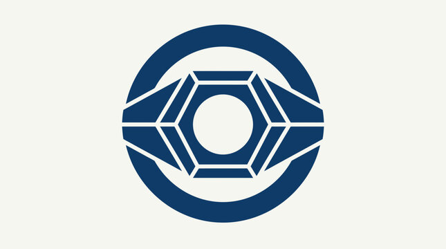 Abstract blue geometric circular emblem design.