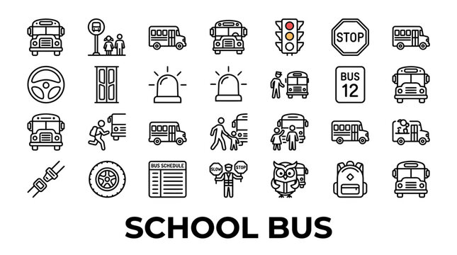Black and white school bus line icon set.
