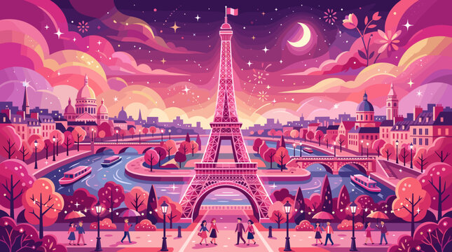Colorful Illustration of Paris Eiffel Tower at Night with Luminescent Sky