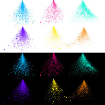 Colorful Powder Explosion Burst Set on 
Transparent PNG Background with Multiple 
Color Variations for Holi Festival Design