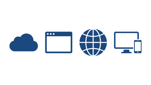 Blue icons of cloud, browser window, globe, computer monitor, and smartphone