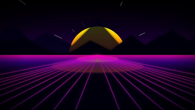 Retro synthwave outrun grid flying towards neon glowing sunset