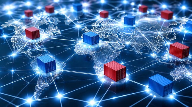 A global supply chain network with interconnected shipping routes and distribution hubs.
