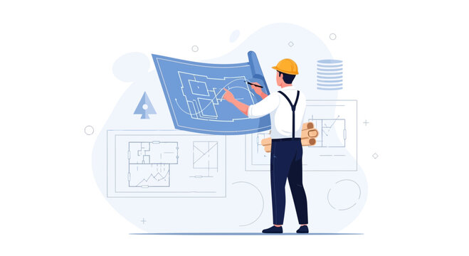 Architect or Engineer Planning Blueprint, Architectural Design, Construction Project Management