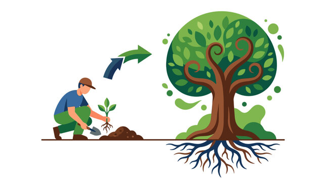 Flat vector illustration of a man planting a small sapling next to a large grown tree with roots, symbolizing growth, environmental conservation, and ecological sustainability.