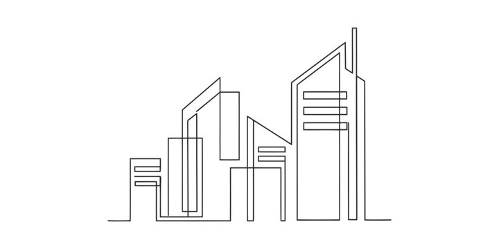A minimalist line drawing of a modern city skyline with sleek skyscrapers and buildings isolated on white background