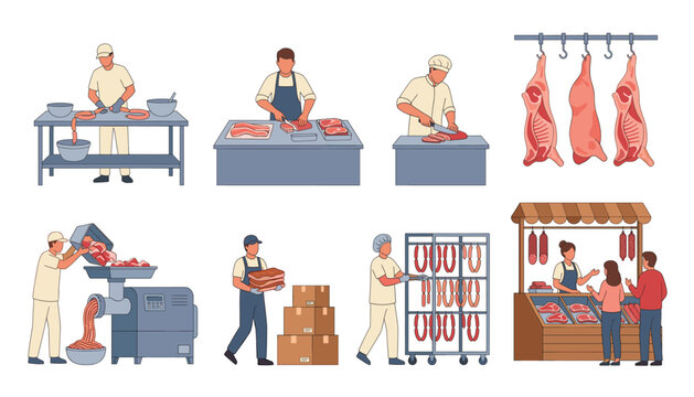 Meat factory processing set. Butchers cutting beef, making sausages, grinding minced meat, packing boxes, selling at market stall.