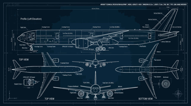 Detailed Blueprint of Commercial Airplane Engineering Drawing