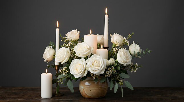 Elegant floral arrangement featuring white roses and candlelit ambiance for sophisticated decor