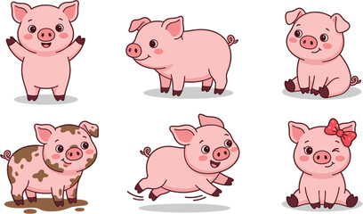 Cute little pink pig character vector illustration set showing different poses and actions isolated on white background for kids design © Rukhsana