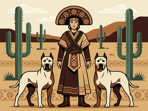Brazilian Cangaceira Woman in Traditional Folk Costume with Dogs in Sert&atilde;o Desert Illustration