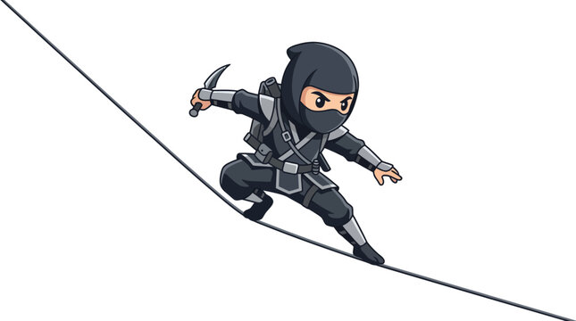 Flat vector illustration of a cartoon ninja character dressed in black stealth gear and armor balancing on a thin wire cable, holding a sharp kunai knife on a white background.