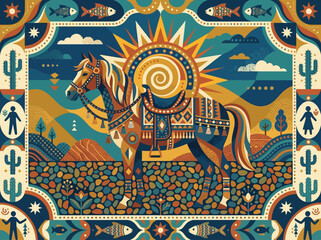 Folk Art Desert Horse Illustration with Tribal Patterns and Celestial Sun © Susy