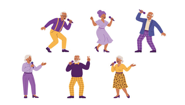 Elderly people singing karaoke. Senior characters holding microphones, dancing, performing, gray-haired musicians group, older adults hobby.