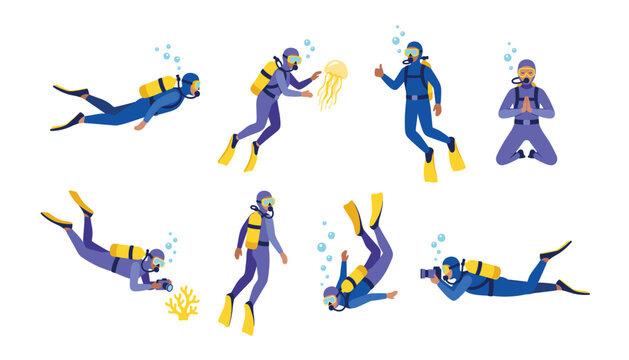 Scuba divers exploring underwater marine life vector characters set. Oxygen tanks, swimfins, diving masks, jellyfish, coral, underwater camera, air bubbles.