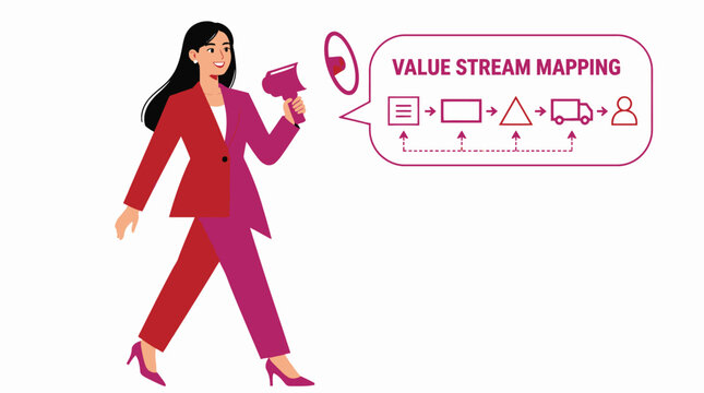 Businesswoman presenting value stream mapping concept.