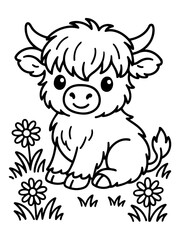 Fototapeta premium Cute Highland Cow Illustration for Coloring: A charming, hand-drawn illustration of a baby Highland cow with fluffy fur, gentle eyes, and small horns, sitting amongst daisies in a grassy field.