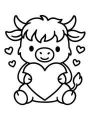 Fototapeta premium Cute Ox Holding Heart: A charming, cartoon ox with small horns and a fluffy mane sits adorably, holding a large heart in its hooves, surrounded by smaller hearts, embodying love and sweetness.