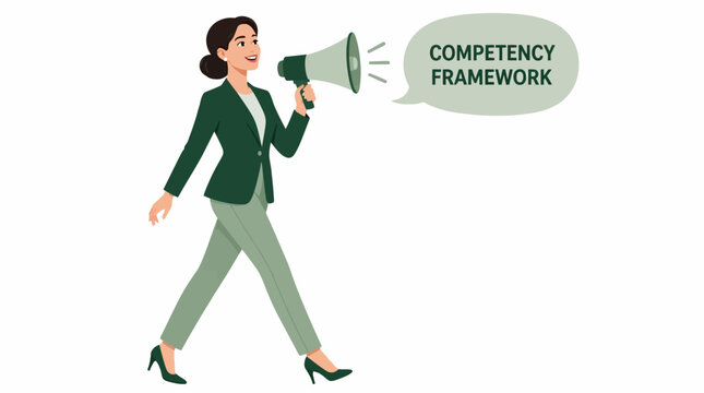 Businesswoman holding megaphone with competency framework text.