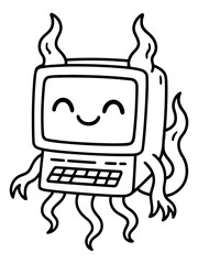 Naklejka premium Friendly Computer Character: A charming, hand-drawn cartoon character of an old-fashioned computer with a joyful face and tentacle-like limbs, radiating an aura of creativity and fun.