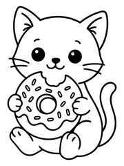 Fototapeta premium Cute Cat Eating Donut: A charming and simple illustration of a fluffy cat happily biting into a delicious donut, perfect for coloring pages and lighthearted designs.