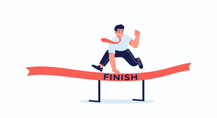 Fototapeta premium Businessman crossing finish line hurdle, celebrating achievement and success in a flat vector illustration.