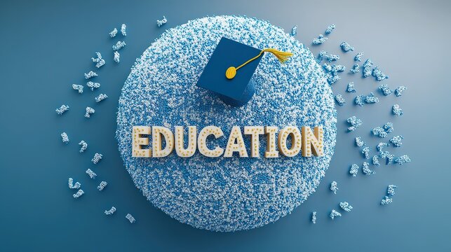 3d render of a graduation cap on a textured blue sphere with the word education in the center