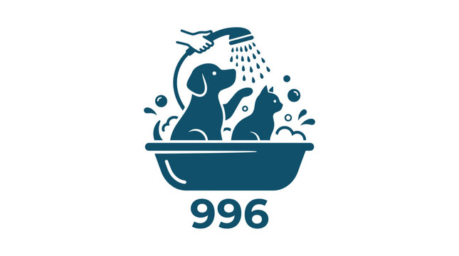 Circular logo with dog and cat in bathtub.