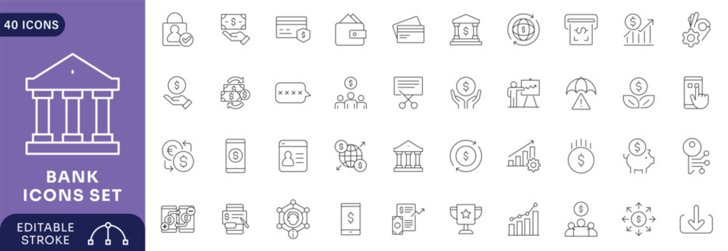 Bank icon set. Containing wallet, online banking, ATM, savings, mortgage, investment, banger Etc. Editable stroke