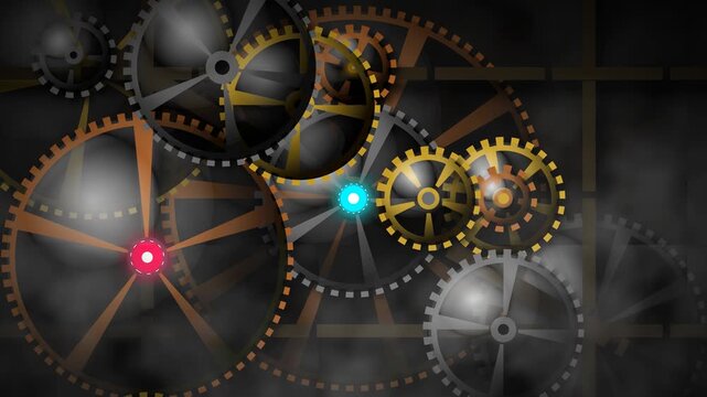 Steampunk clockwork hextech gears rotating complex mechanical system