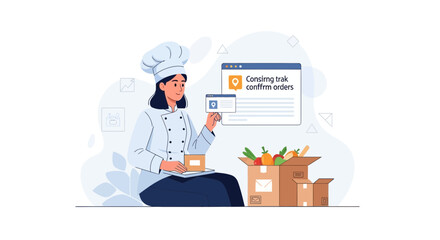 Fototapeta premium Chef with Food Delivery Box, Online Ordering and Tracking System, Vector Illustration