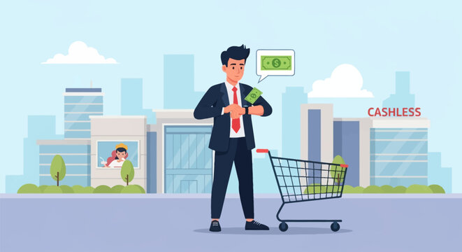 Vector illustration of a young businessman in a suit using a smartwatch for digital payments by an empty shopping cart in a modern city with a cashless payment building sign.
