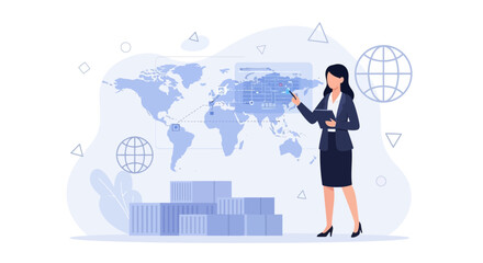 Naklejka premium Businesswoman presenting global logistics and supply chain management on a world map display