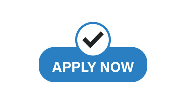 Apply now blue button design with white checkmark badge for online submission link