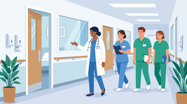 Vector illustration of a female doctor in a white lab coat leading a diverse team of nurses and medical professionals through a bright, modern hospital corridor with patient room doors.