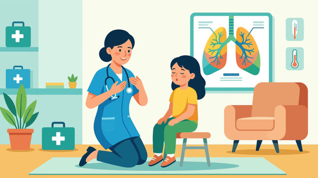 Flat vector illustration of a female doctor in blue scrubs teaching a young girl patient deep breathing exercises in a pediatric clinic featuring a lung anatomy poster and medical icons.