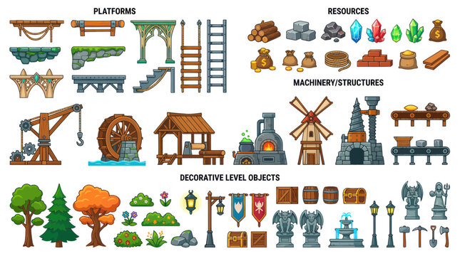 Pixel Art Game Assets: Platforms, Resources, Buildings, and Decorations