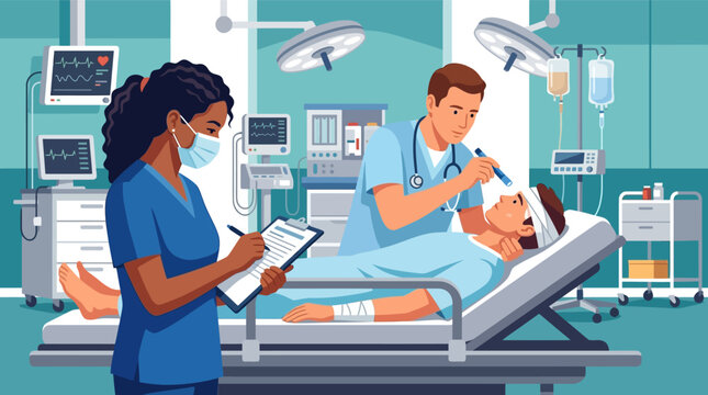 Vector illustration of a female nurse recording patient data on a clipboard while a male doctor examines an injured man with a penlight in a medical emergency room with monitors.