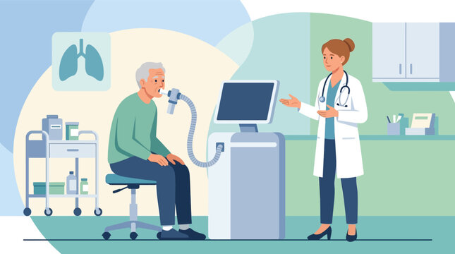 Flat vector illustration of an elderly male patient performing a lung function test or spirometry with a female doctor in a clinical medical office setting with equipment.