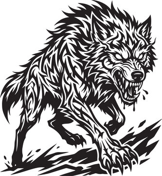 Angry aggressive wolf snarling and growling with sharp teeth in a tribal art style illustration