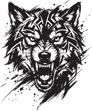 Fierce growling wolf head illustration with black tribal ink style and expressive artistic paint splatter details