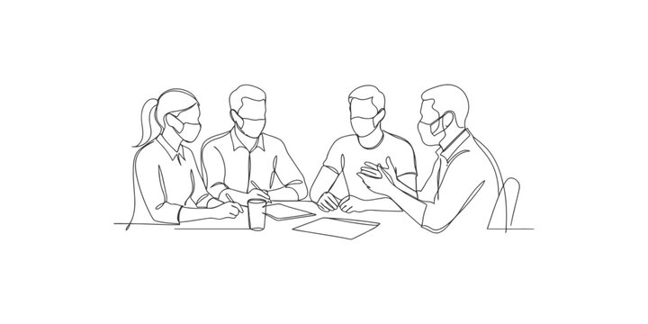 Continuous line drawing of four people wearing face masks sitting around a table with documents and a cup