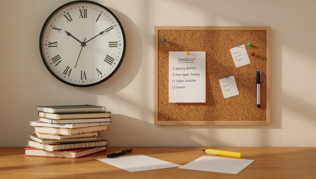 Classroom Wall with Large Round Clock and Corkboard with Checklist and Sticky Notes